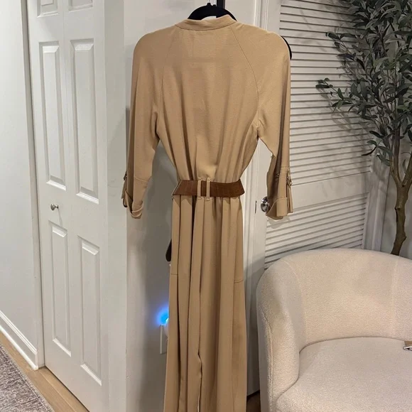 Zara Tan Wide Straight Leg Jumpsuit with Brown Croc Belt - Picture 9 of 10
